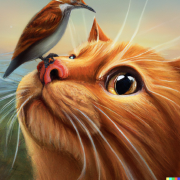 Запрос: Птица приземлившаяся на нос оранжевого полосатого кота.